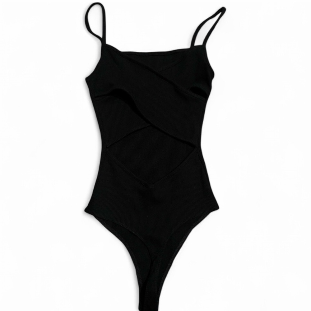 Lulus Ribbed Crisscross Back Square Neck Black Bodysuit - Picture 2 of 3